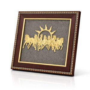 Natural Pyrite 7 Horses Frame (7.5 × 7.5 Inches) | Wooden Base Vastu Wall Décor