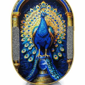 Pyrite 3D Peacock Frame, size 11.5 × 7.5 inches, crafted with natural pyrite and lapis stones, mounted on a sturdy wooden base frame.