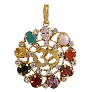 Casting Navratan Om Pendant Zircon Golden Brass Made of Gemstones