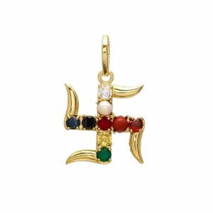 Swastik Gold Plated Rhodium Navratan Pendant/Locket Synthetic Gems Real Pearl
